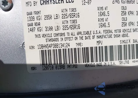 2008 Dodge Grand Caravan Sxt z USA, uszkodzony, nr VIN 1D8HN54P38B134124